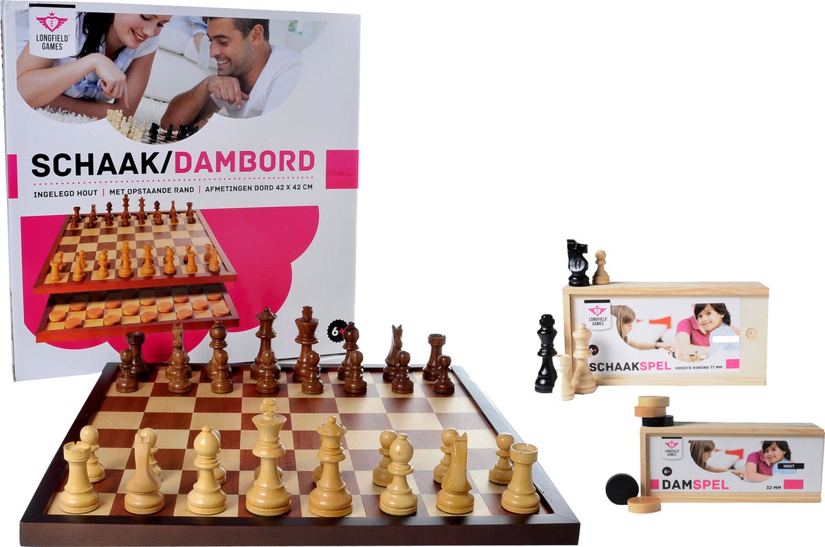 Luxe schaakbord/dambord inclusief en Sport4clubs.nl sportartikelen